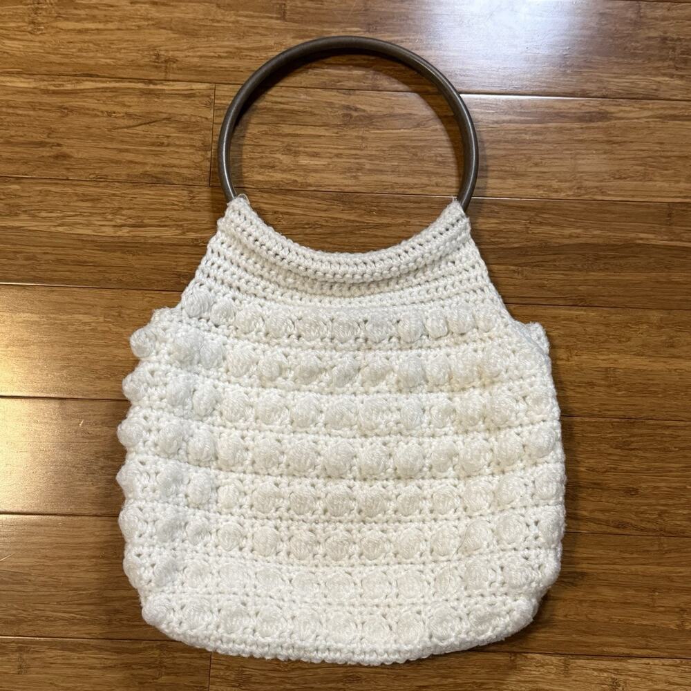 VTG 1970s Crochet Popcorn Stitch Macrame Bag Purse Wood Resin Composite Handle
